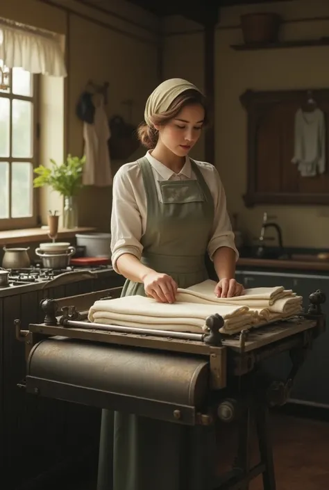 Woman using a flat clothes cooking machine