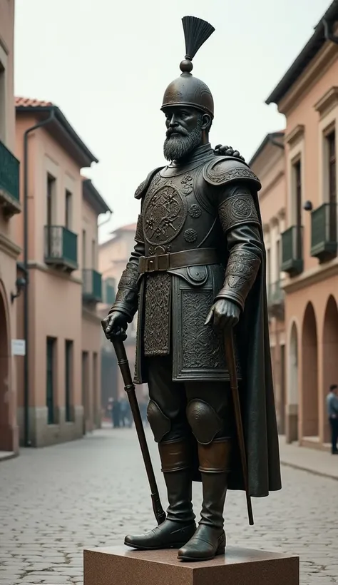 A memorial statue of a Janissary in full gear, symbolizing their legacy and the end of their era, standing alone in a quiet city square.