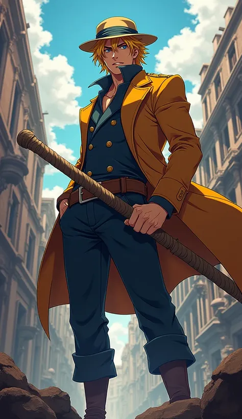 Handsome Adult Sabo Joins The Revolutionary Forces And Hold Pipe Iron Stick , Yellow Hair, Hat, Blue Eyes, Anime Style, Anime