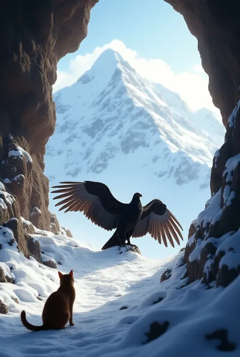 A very large Andean condor spreading its wings at the mouth of a hole in the Illimani snowy, seen from inside and next to it, a brown cat crisscrossed as if it had just arrived at the place 