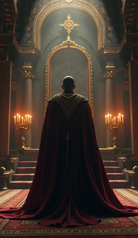 A dark, tense scene where Sultan Mahmud II, standing in his grand throne room, devises a secret plan to eliminate the Janissaries