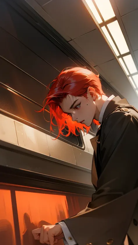 ( best quality ),(masterpiece), ( Extremely detailed 8k wallpaper),Super detailed, Movie lighting , detailed light,  best shadows , Moving angle , From below , train station, train,  signal light , 1 Boy,  Leonard Deng , red hair,  watery eyes , earrings, ...