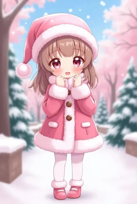  1 girl,  pink Santa Claus cosplay , whole body, White Pantyhose, Christmas, anime, Chibi,  best quality , masterpiece,best quality,high quality,beautiful,  outdoor , Pink snow falling 