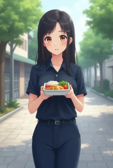 Anime Asian woman wearing dark blue polo shirt blue pants standing lunch box full body image