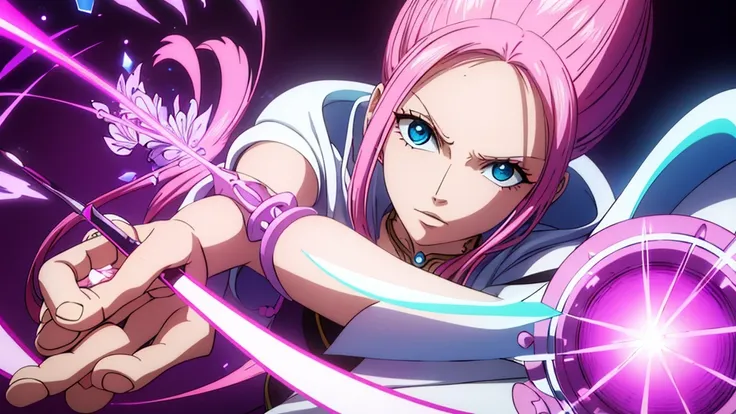  a pink-haired girl with white locks and blue eyes , beautiful perfect face,  mystical white armor with pink props infused with purple crystals,  holding a mystical sword , action pose, full body art .