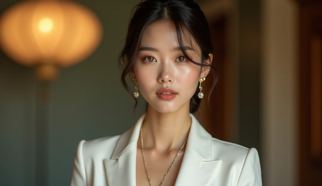 beautiful woman, date night outfit, cute and sexy, asian woman,  chic outfit, white chic outfit, date night outfit, cute and sexy outfit, milf, modest outfit,  blazer dress, delicate necklace and jewelry, golden eyes, yellow eyes, gold eyes