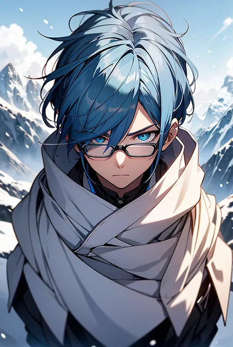 men, anime, beautiful, blue hair, Teeth, detail,  Better quality, short hair, blue eyes, Rice, Lazy, EXPRESSIONS, snow background, Descending a Mountain , bottom view, lateral,  ribbon in hair, with glasses,  Blue Hair Ribbon,  Lines of Motion , Lines of a...