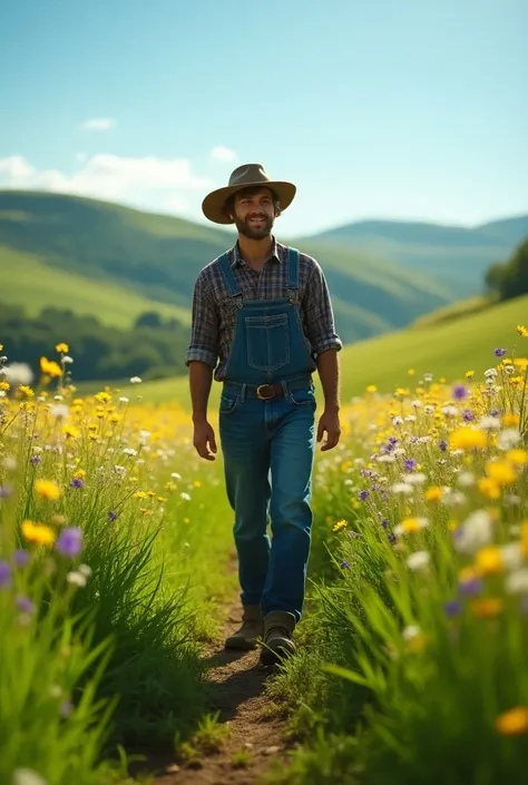 1:1, realism , YOUNG farmer strolling in a field