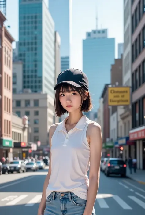 1 girl, solo, with a cap, realistic, kawaii, cool girl, black hair, cityscape, wearing a cap
