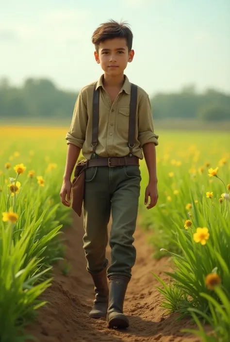 1:1, realism , farmer boy strolling in a field