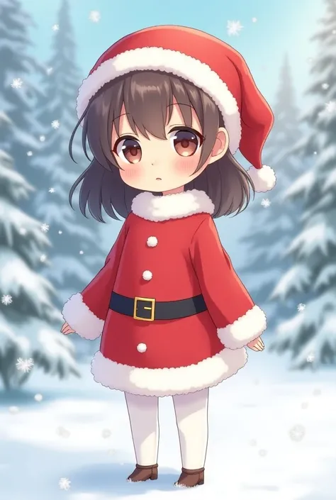  1 girl, Santa Claus Cosplay , whole body, White Pantyhose, Christmas, anime, Chibi,  best quality , masterpiece,best quality,high quality,beautiful,  outdoor , It&#39;s snowing