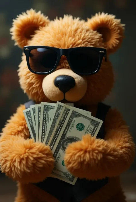 The Ted Bear from the movie ,  with black sunglasses and with money in his hands 
