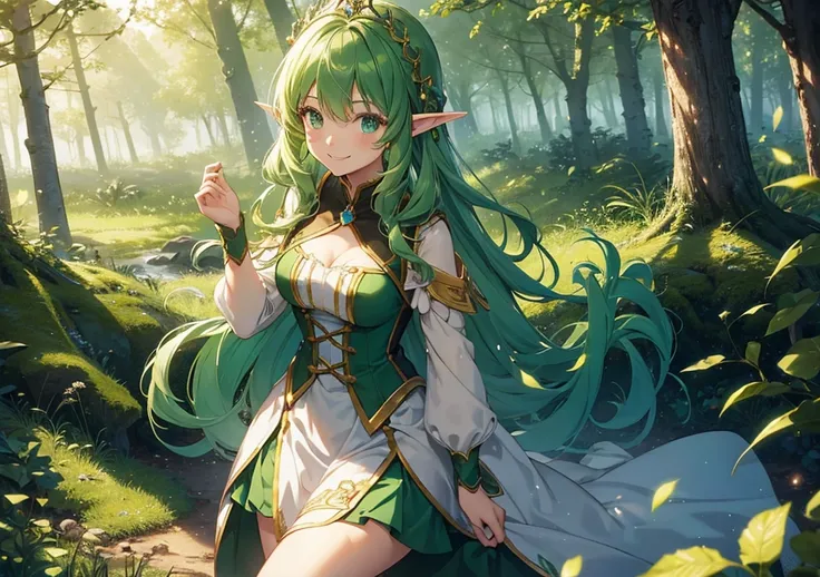 A green-haired elf girl is wearing a Disney princess-style outfit in a magical forest, smiling in a fluffy landscape