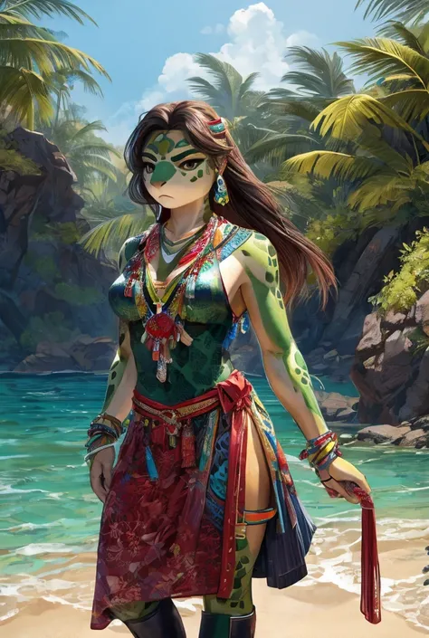 female green sea turtle anthro wearing modern Hawaian attire, Serious