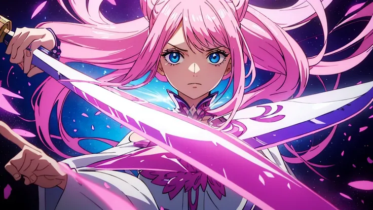  a pink-haired girl with white locks and blue eyes , beautiful perfect face,  mystical white armor with pink props infused with purple crystals,  holding a mystical sword , action pose, full body art .