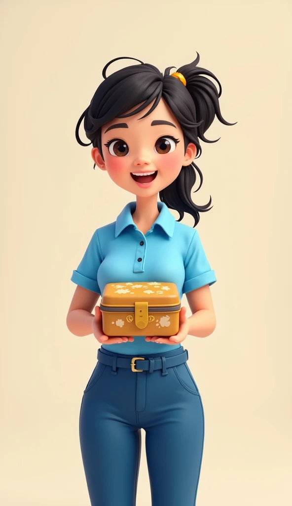 Cartoon Asian woman wearing blue polo shirt blue pants standing lunch box full body image