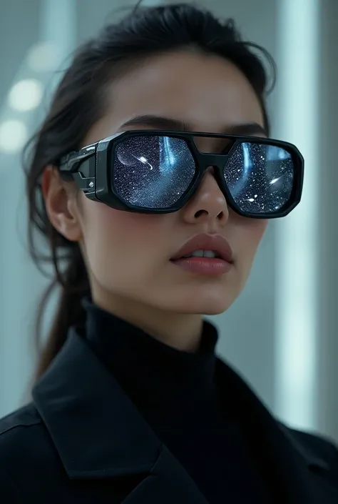 The model wears glass sunglasses, which depict stars and the moon