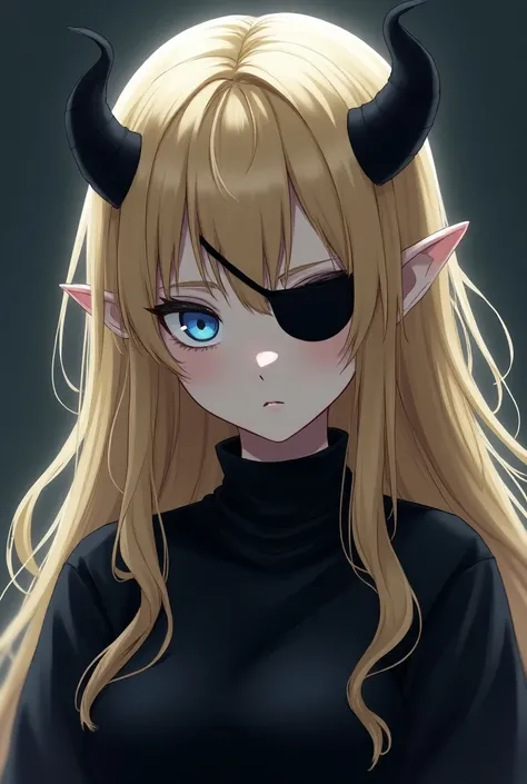 1 girl,  long hair , Blonde hair,  with blue eyes,With eye patch , Anime with horns and an elfs ear, in black clothes, y2k
