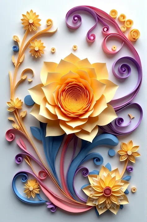 "Create a delicate quilled paper art design featuring a central flower with intricately curled and folded petals in shades of yellow and beige. The flower is surrounded by swirling, curving shapes in shades of purple, pink, and blue, with smaller circular elements adding texture and detail. Some parts are made of pleated yellow paper with circular accents. The entire design is elegant, balanced, and has a smooth, flowing composition, with the colors blending harmoniously."

