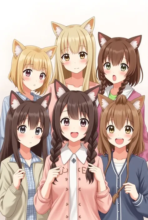 Five white girls standing,  a blonde girl with straight hair ,  twin girls with the same face and the same clothes and brown hair with a braid,  a brunette girl with loose brown and straight hair , A girl with loose brown wavy cartoon style bangs all with ...