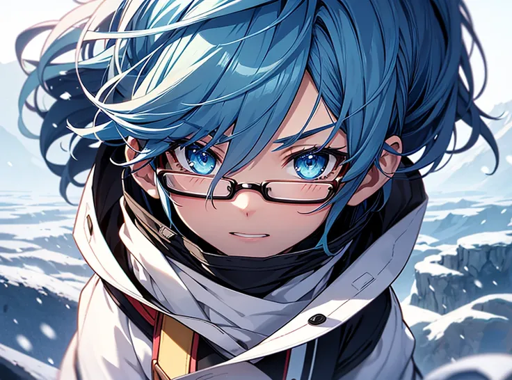 men, anime, beautiful, blue hair, Teeth, detail,  Better quality, short hair, blue eyes, Rice, Lazy, EXPRESSIONS, snow background, Descending a Mountain , bottom view, lateral,  ribbon in hair, with glasses,  Blue Hair Ribbon,  Lines of Motion , Lines of a...