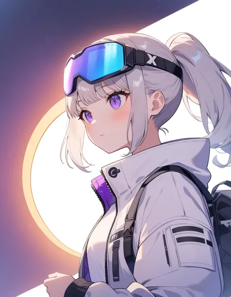 masterpiece, Highest quality, Extreme clarity,  Anime girl with curly ponytail ,  petite body , White functional coat, small,  Blue-purple gradient ski goggles ,  Cyberpunk, Gray Hair, Natural casual style, Dynamic Stance, Golden Section, Large aperture po...