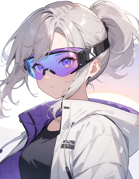 masterpiece, Highest quality, Extreme clarity,  Anime girl with curly ponytail ,  petite body , White functional coat, small,  Blue-purple gradient ski goggles ,  Cyberpunk, Gray Hair, Natural casual style, Dynamic Stance, Golden Section, Large aperture po...