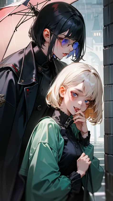 masterpiece, high quality, illustration, {Beautiful details for girls }, Beautiful details, Cross-dressing beauties, ( Black Jacket and Windbreaker), Sun Glasses, laughter, Fang removal, vampire, indigo eyes, rainy street corner, rain, Detailed lighting, D...