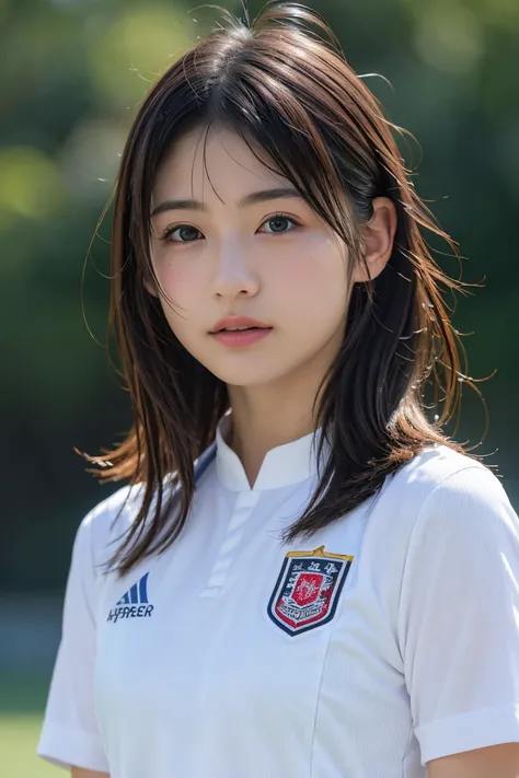 (8k, RAW Photos,Best Quality,  High Resolution :1.1), ( super realistic:1.4),(Realistic, Realistic:1.3),Small face、Fair skin、Japanese Beauty,(cute wearing soccer_uniform:1.3),(( upper body:1.3)),