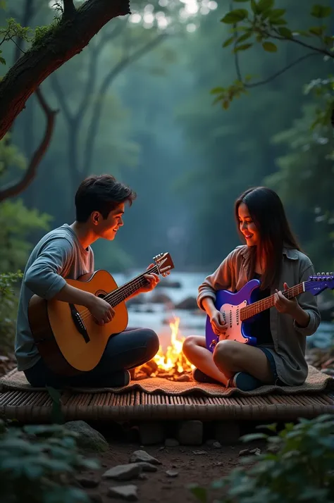 A couple is sitting on the bamboo table,the camp is having behind them and the boy play natural color guitar and the girl play purple pink light guitar in the forest near the stream,the whether is dark and the light of the camp is beam to their hairs,reali...