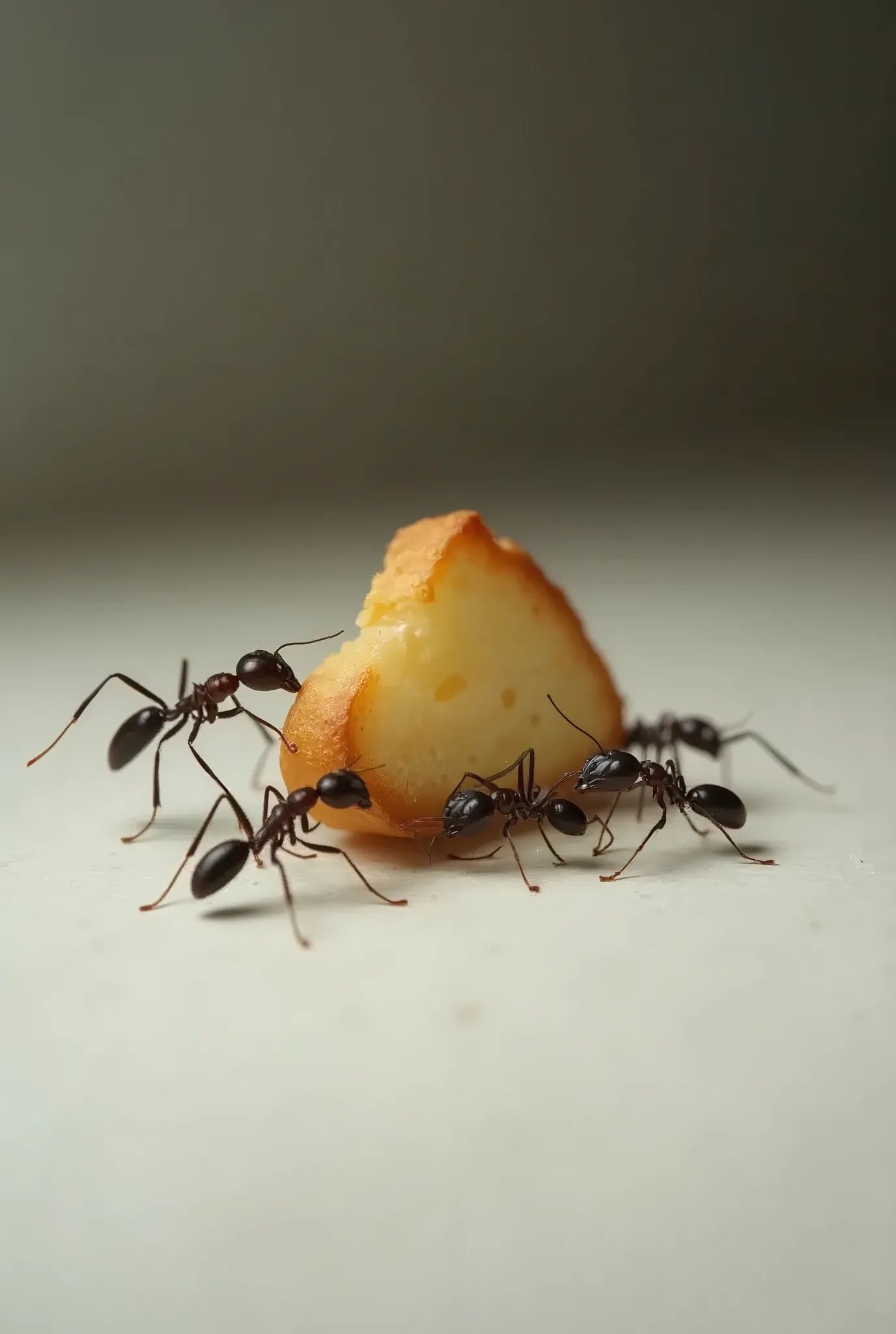 realistic, photography. miniature, close-up shot, three fourths angle, ants carrying a piece of bread, set on white table, narrow depth of field, low-key lighting