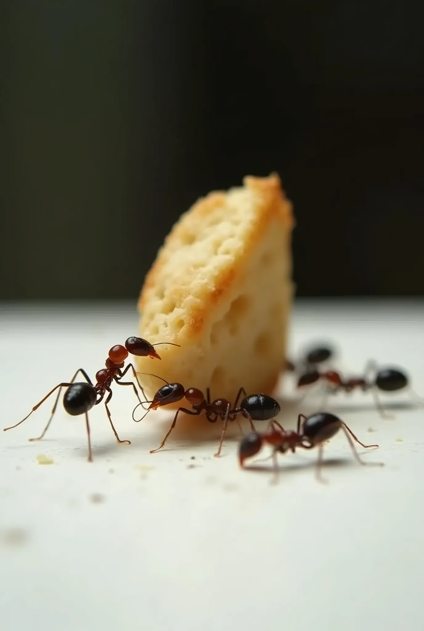 realistic, photography. miniature, close-up shot, three fourths angle, ants carrying a piece of bread, set on white table, narrow depth of field, low-key lighting