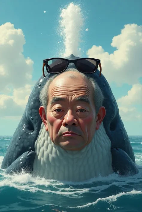 A whale with the face of a Japanese middle-aged man is squirting from its forehead　Wearing sunglasses