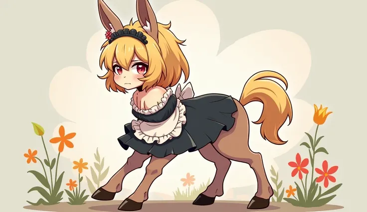 Donkey centaur, blond, femboy,  maid dress,  mid-length hair , Otokonoko, quatre pattes, Donkey,