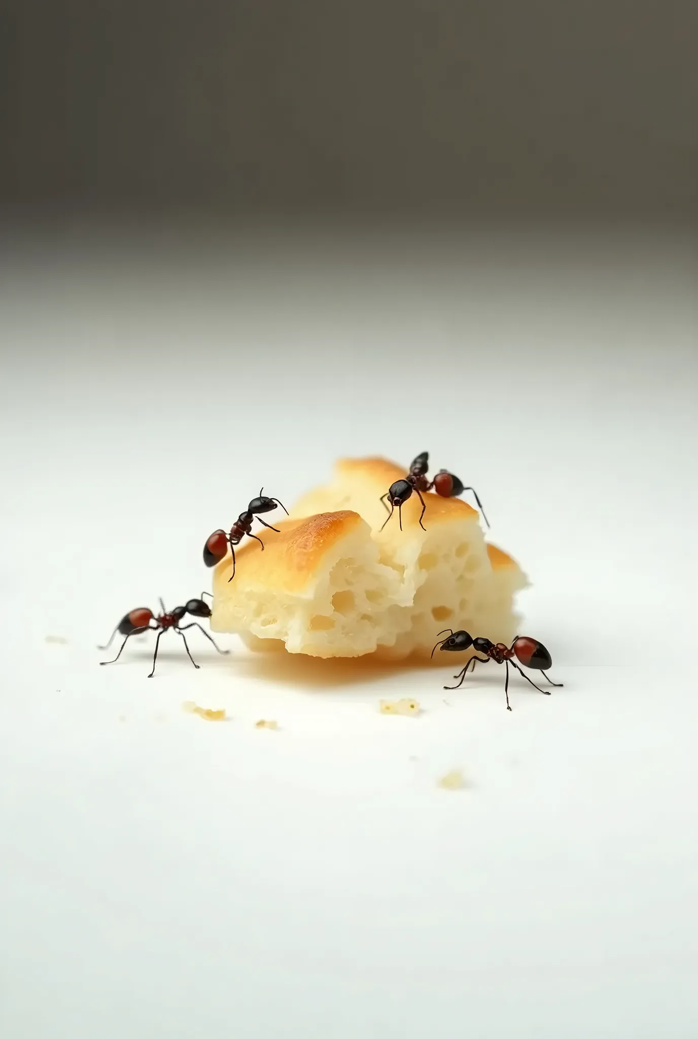 realistic, low-key lighting photo, photography, miniature, close-up shot, three fourths angle, ants carrying a piece of bread, set on white table, three forth angle, narrow depth of field