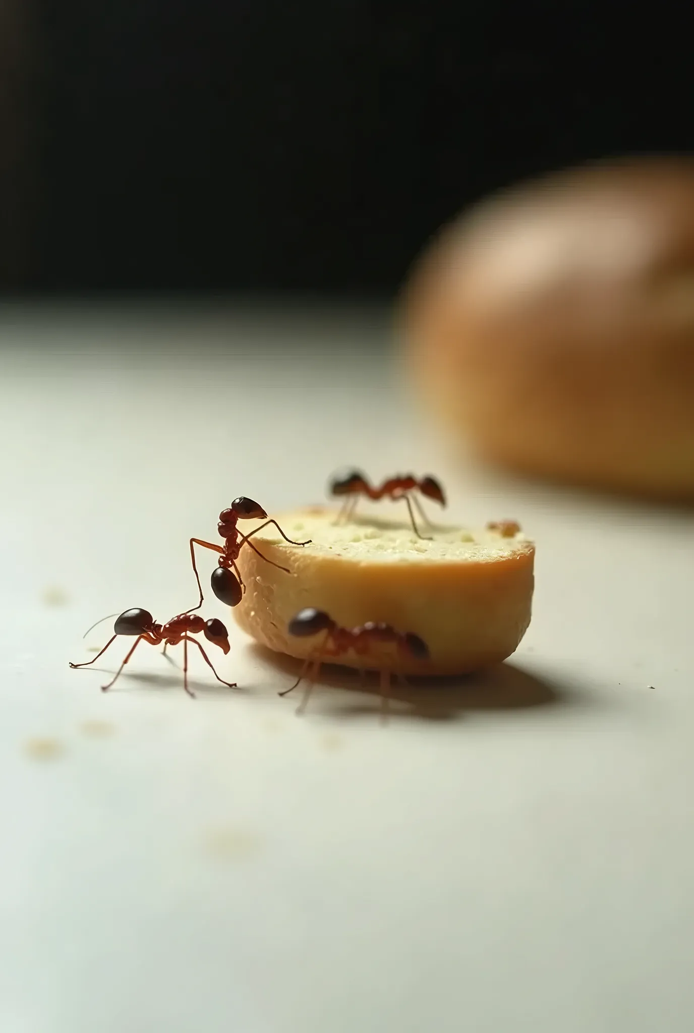 realistic, photography. miniature, close-up shot, three fourths angle, ants carrying a piece of bread, set on white table, narrow depth of field, low-key lighting