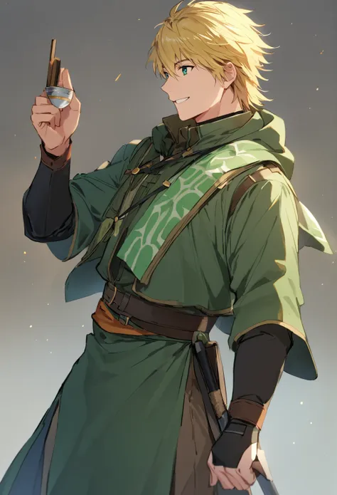 a 20-year-old young man with blonde hair, always wearing a cheerful smile. he is dressed in green adventurer's clothing, perfect...