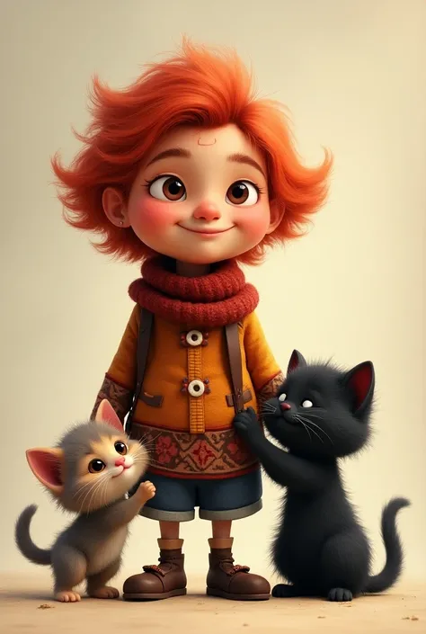  Creates an image of a 60-year-old Peruvian older adult with voluminous red hair and medium length brown eyes, with 2 kittens : one totally lead and the other completely black .  That doesnt look so old. Somewhat animated image 