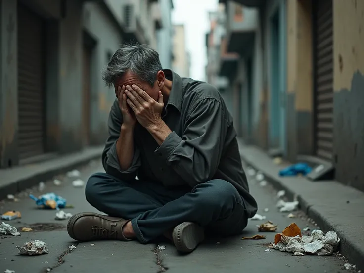 man crying a lot and desperate, with his hands on his face, sitting on a dirty sidewalk