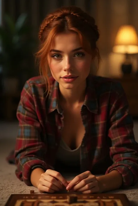 Beautiful 20 year old woman with light auburn hair, bangs, short hair, braided updo, freckles, dimples: 1.3, blushing, hazel eyes, relaxed, living room, playing a board game while laying on the floor, pov, dim light, plaid flanel shirt, tiny tight shorts, ...