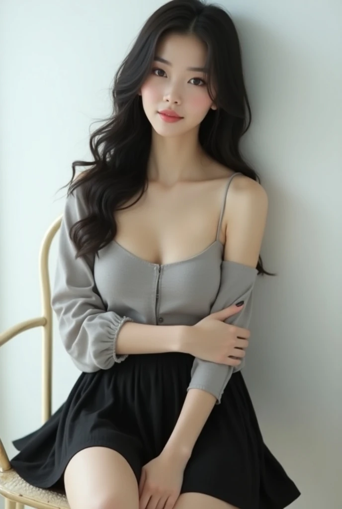 8k, masterpiece,  Ultra-sharp focus ,    shes wearing a black miniskirt {x}  intricate detailed shot    , Korean Style、    very beautiful young japanese woman    ,    Long black hair　  long wavy hair     ,  black hair parted in the middle  、 black hair par...