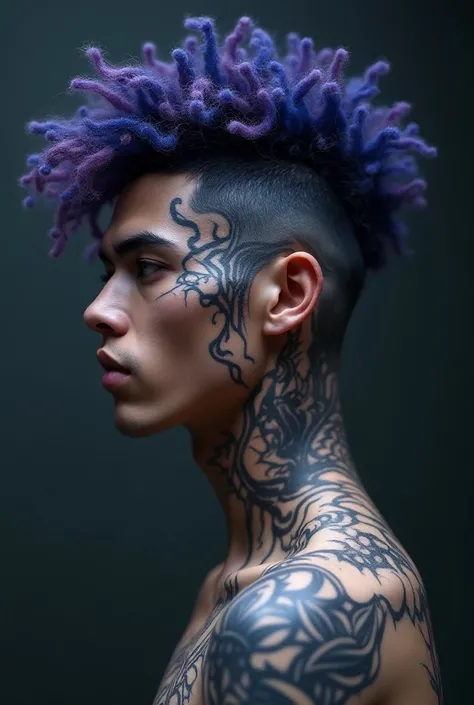   Werewolf hybrid werewolf hybridlightskin male with purple , and blue , and purple curly fade hair, with clean shave face, ‘ZIDAR’ with tribal design on the side, low drop fade, lineup & jawline, tattoos 