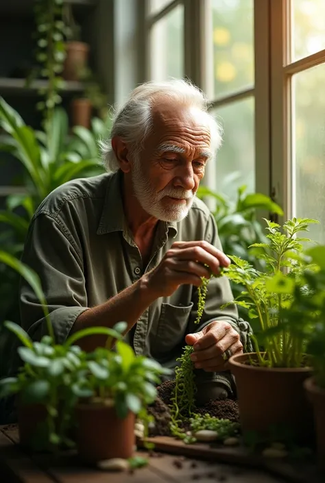 1:1, realism, old man, taking care of plants