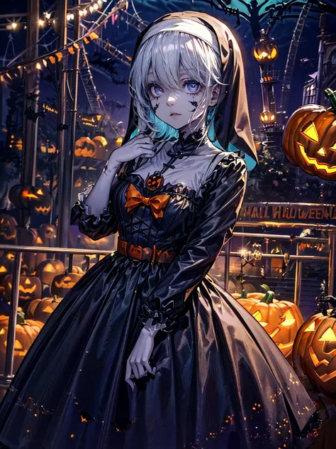 (Best Quality),Very detailed,Very detailed,One mechanical zombies girl (1girl.alone:1.4)(Inside the theme park at night、 Halloween Night Party :1.6),(White skin:1.2)( Nun&#39;s clothing、Nun&#39;s hat、Glasses、Glasses:1.3) Very attractive eyes、A seductive sm...