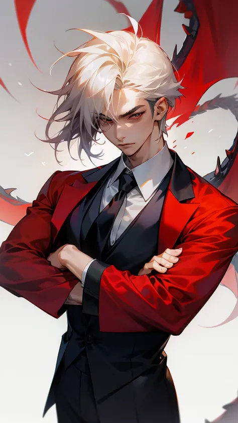  Anime man in a suit wearing a tie， Background with a dragon ,  dragon suit , Written by Yang J,  Man and dragon fusion , Handsome Japanese devil boy, Handsome Demon Blade Style Man ,  Epic elegant portrait ,  Handsome man in the style of the Demon Blade ,...