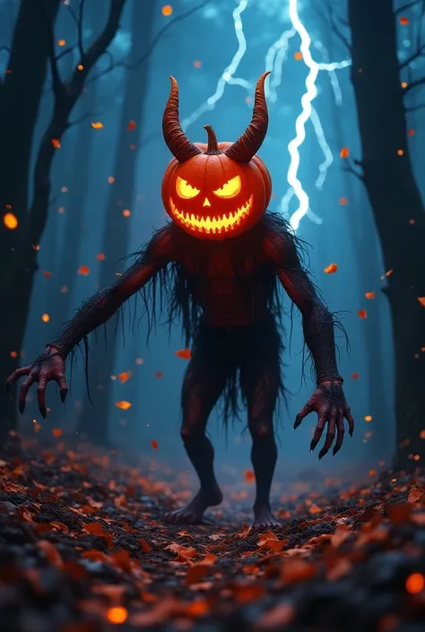 Halloween，a scary jack-o-lantern monster, horns of a demon, Legs crackled by countless lightning, bare twisted trees, colorful confetti, haunting, Weave intricate patterns with colored nebulae，dark, moody, Horror,dark fantasy,dramatic lighting,vibrant colo...