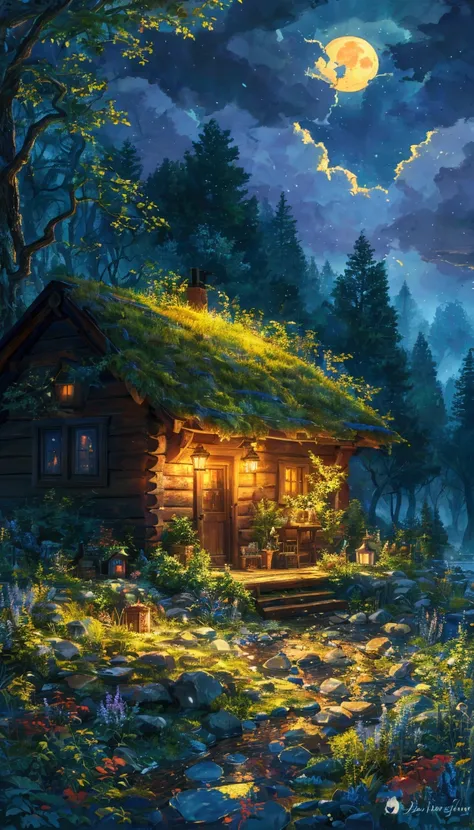 painting of a small cabin in the woods with a full moon, cottage in the forest, cottage in the woods, tomas kinkade, solitary cottage in the woods, fantasy house, house in forest, cottage, little cottage, idyllic cottage, the small house in the forest, det...