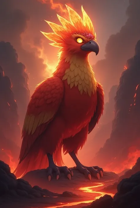 a gigantic mythical fire-type parrot pokemon::2.5, wearing a ornate crystal headband, in a volcano environment, red and purple ambient lighting, polished final by studio ghibli --niji