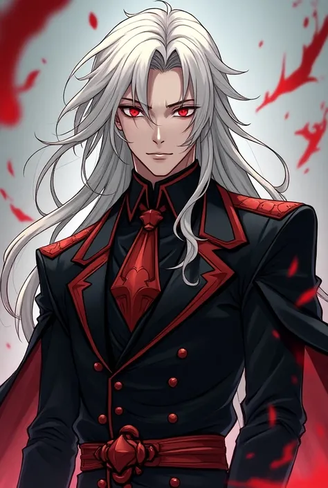 Make a murim manhwa character, with long white hair, It has red eyes, he has a devastating look, He is wearing a black outfit with red details like a murim cultivator. , he is a handsome 20 year old man. I don&#39;t want a realistic character just from mur...