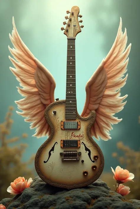 A guitar with a heart and a clef in the middle of some wings